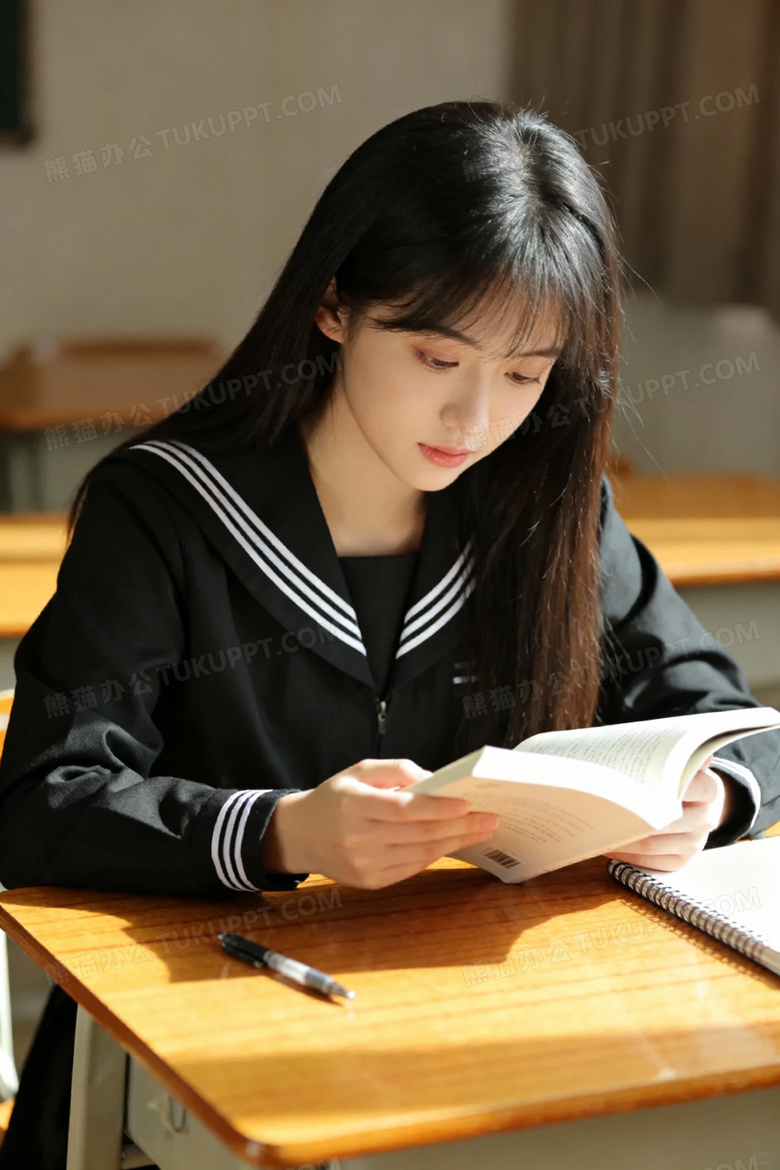 穿着黑色校园的美女在读书的照片