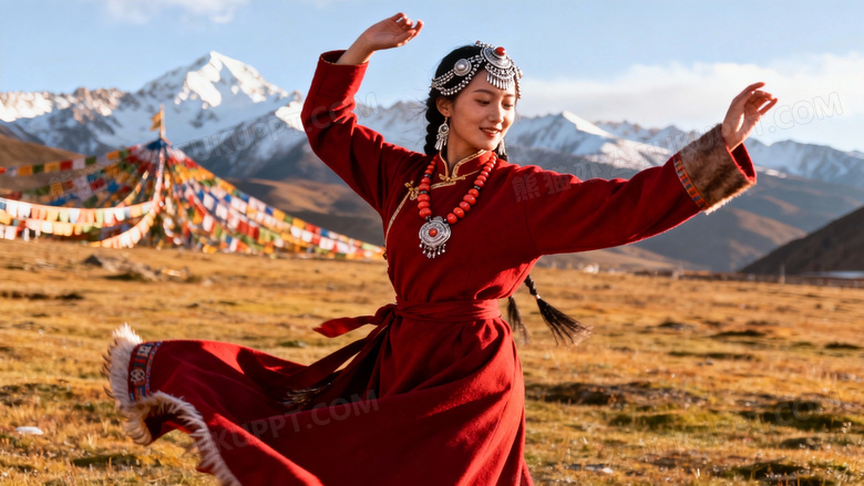 中国少数民族藏族美女在跳舞的摄影图