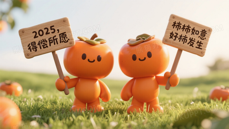 两个拟人化橙色柿子玩偶站立在绿草地上