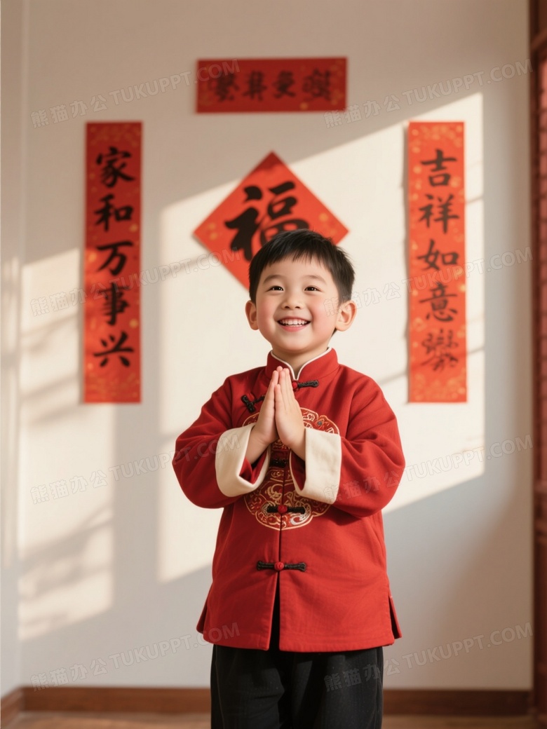 亚洲小男孩身穿红色中式唐装双手合十微笑站立