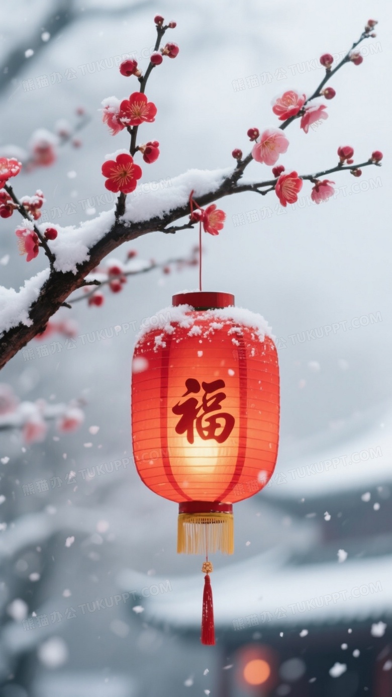 雪中红梅枝头悬挂红色六角灯笼