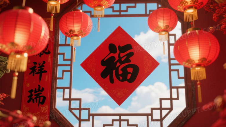 红色菱形春联贴纸中央书写黑色