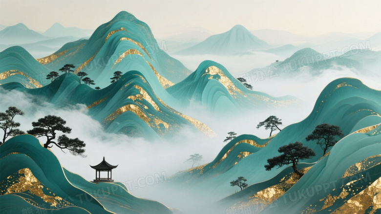 青绿山水金箔层峦