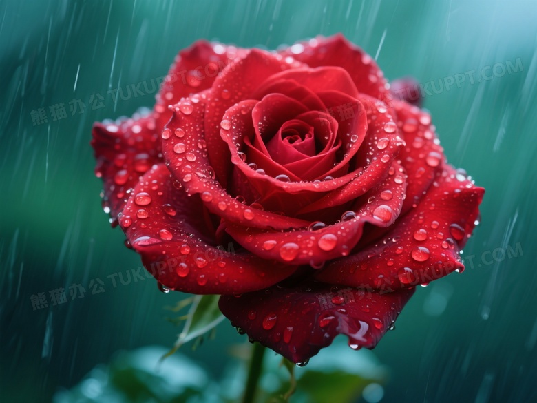 鲜红玫瑰雨滴特写图片