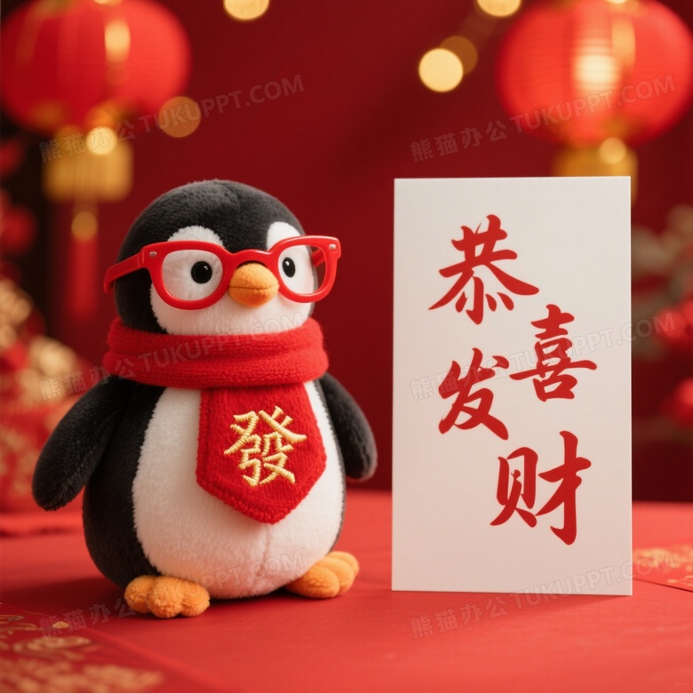 红围巾企鹅玩偶贺卡春节图片