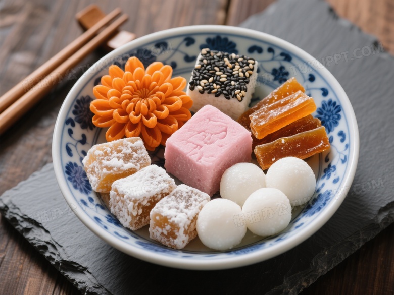 青花瓷碗中式糕点俯拍图片