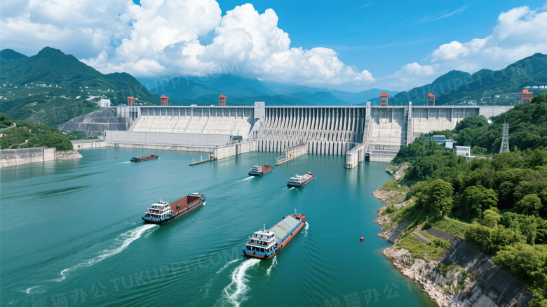 三峡大坝货船通航全景图片