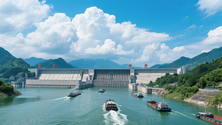 三峡大坝货船通航全景图片