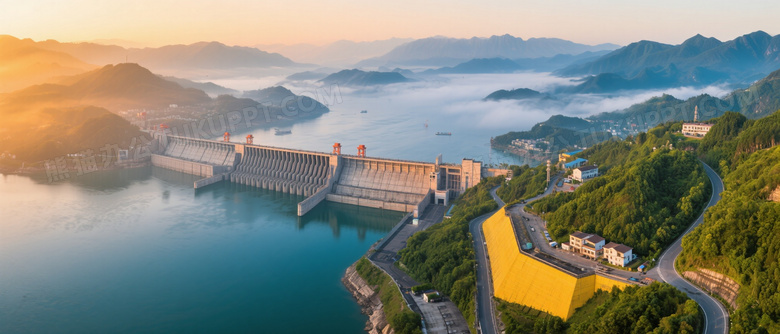 三峡大坝晨曦俯拍全景图片