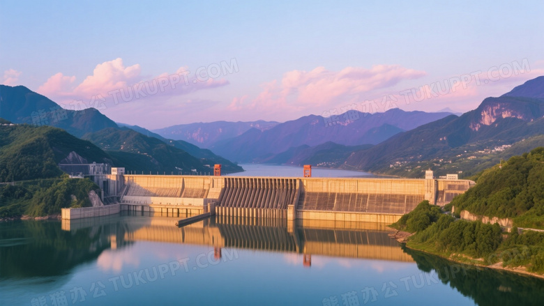 三峡大坝逆光倒影对称构图图片