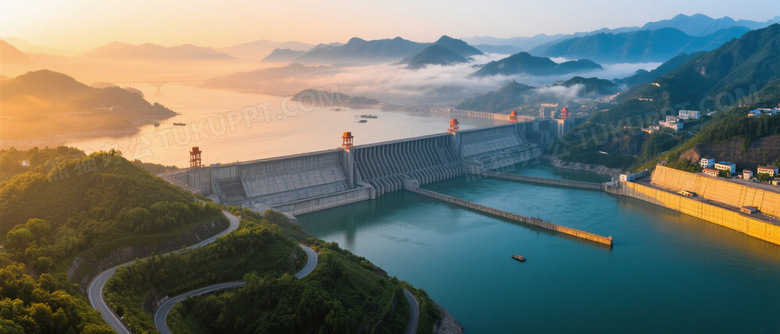 三峡大坝晨曦俯拍全景图片
