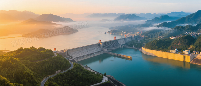 三峡大坝晨曦俯拍全景图片