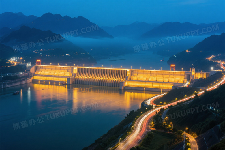 夜幕三峡大坝俯拍灯光图片