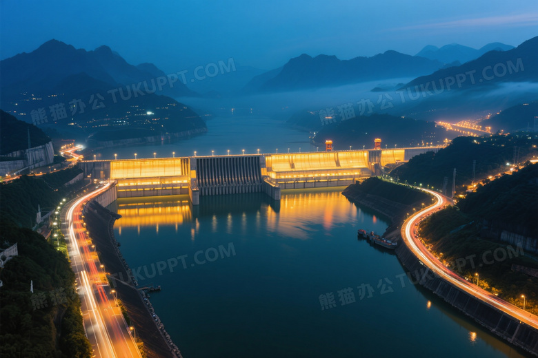 夜幕三峡大坝俯拍灯光图片