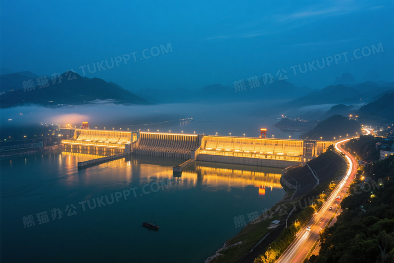 夜幕三峡大坝俯拍灯光图片