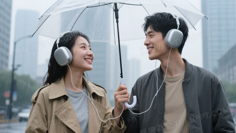 雨中情侣共撑透明伞浅景深图片