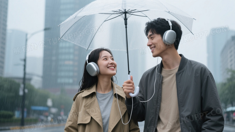 雨中情侣共撑透明伞浅景深图片