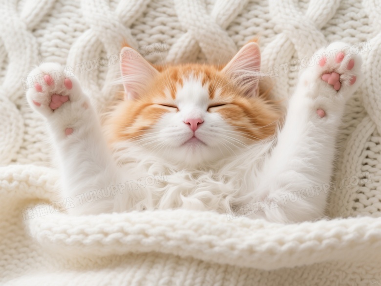 橘白长毛猫仰卧毛毯中图片