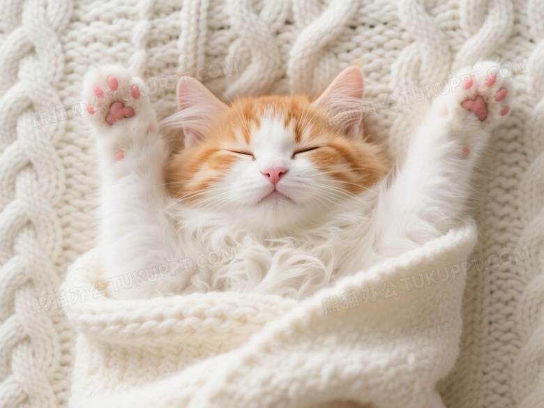 橘白长毛猫仰卧毛毯中图片