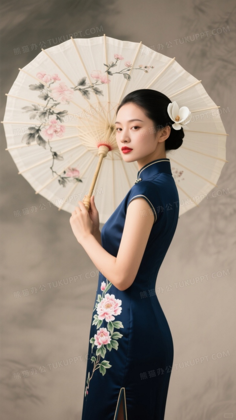 旗袍女子持水墨油纸伞侧影图片