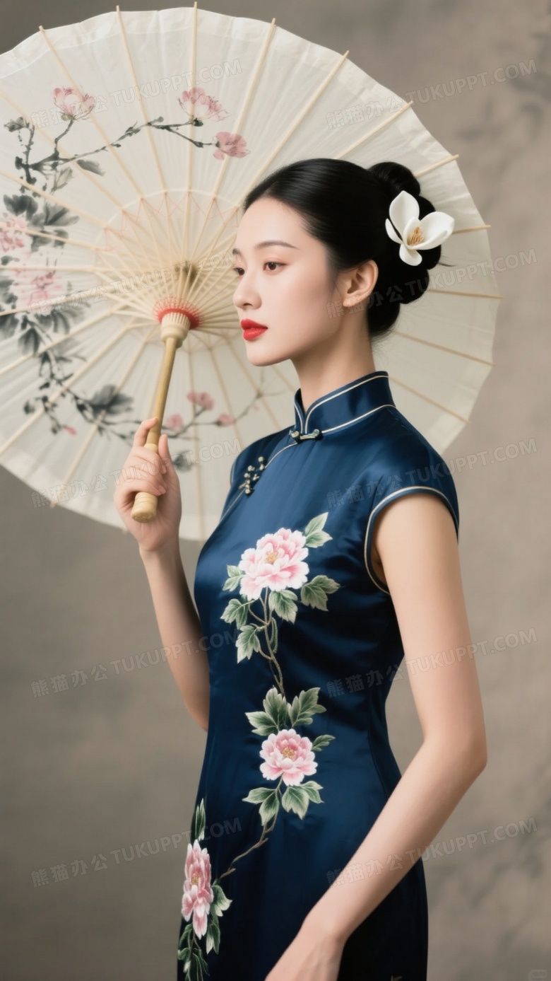 旗袍女子持水墨油纸伞侧影图片