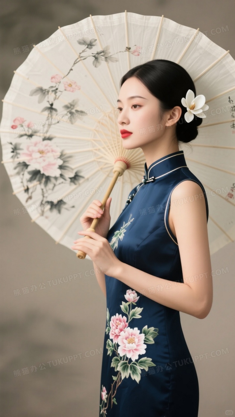 旗袍女子持水墨油纸伞侧影图片