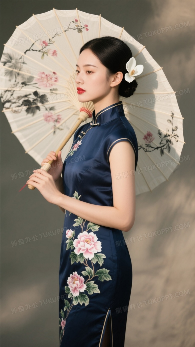 旗袍女子持水墨油纸伞侧影图片