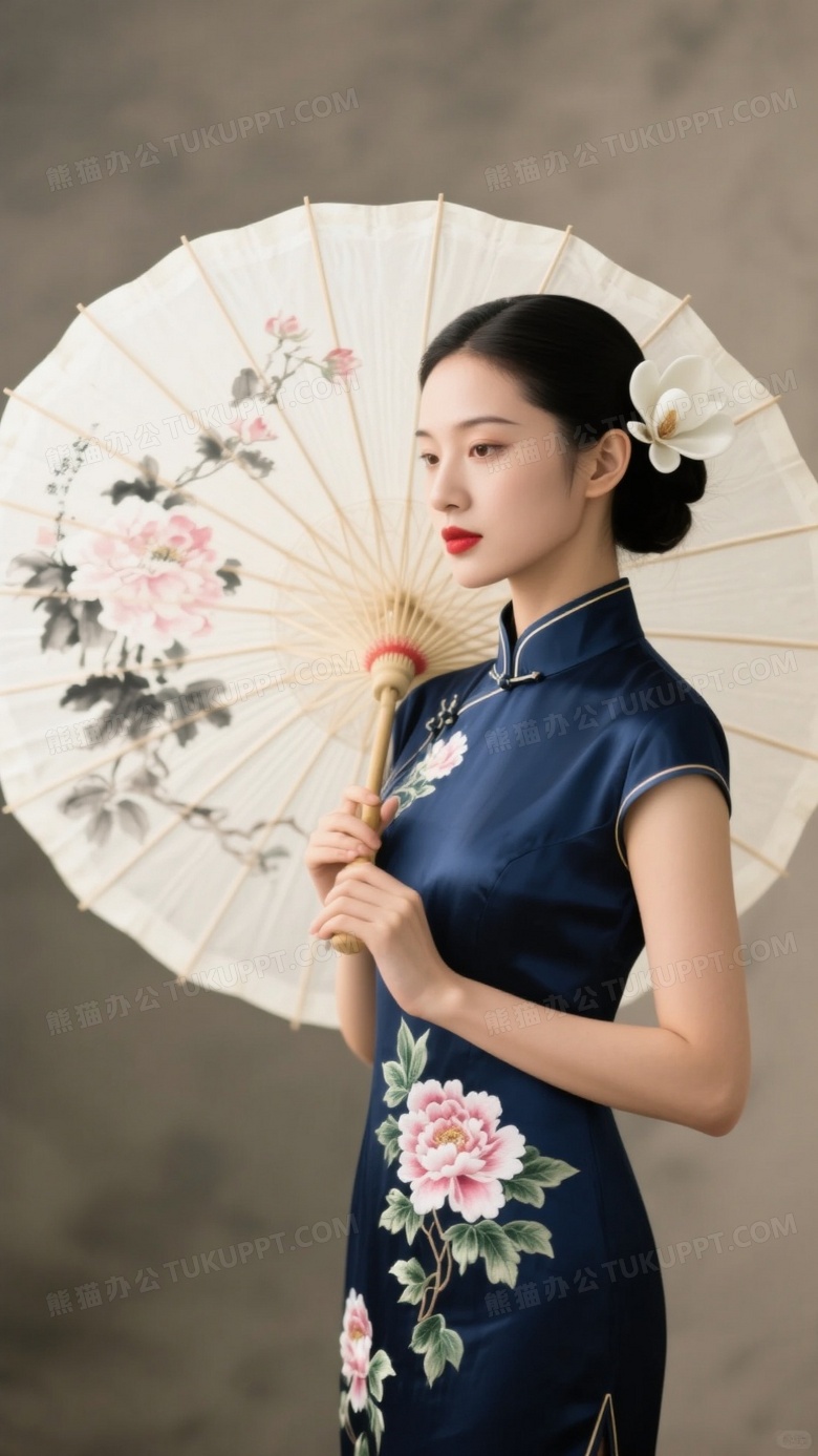旗袍女子持水墨油纸伞侧影图片
