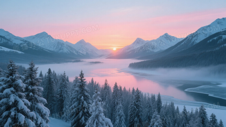 雪松冰湖日落山景高清图片