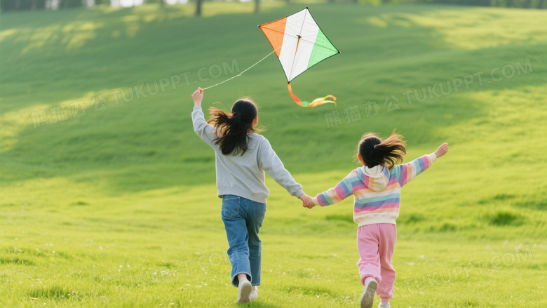 两位女孩草地放风筝侧逆光图片