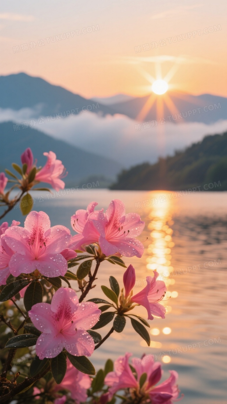 粉红杜鹃花湖山日出逆光图片