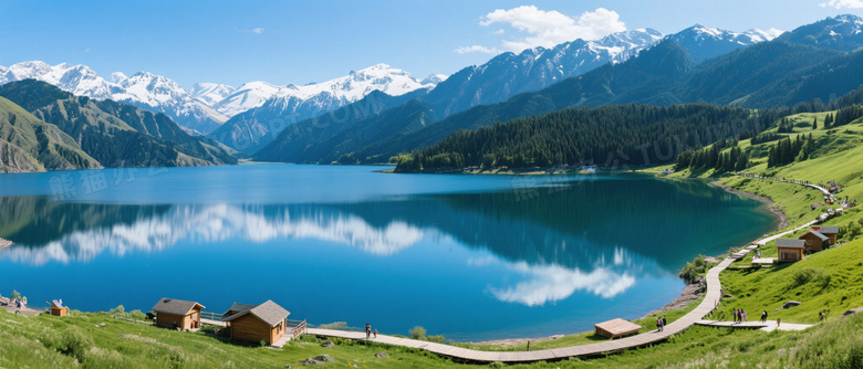 天山天池湖光山色倒影图片