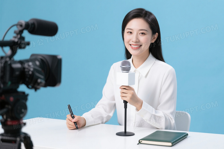 女主播持麦克风播报柔光图片