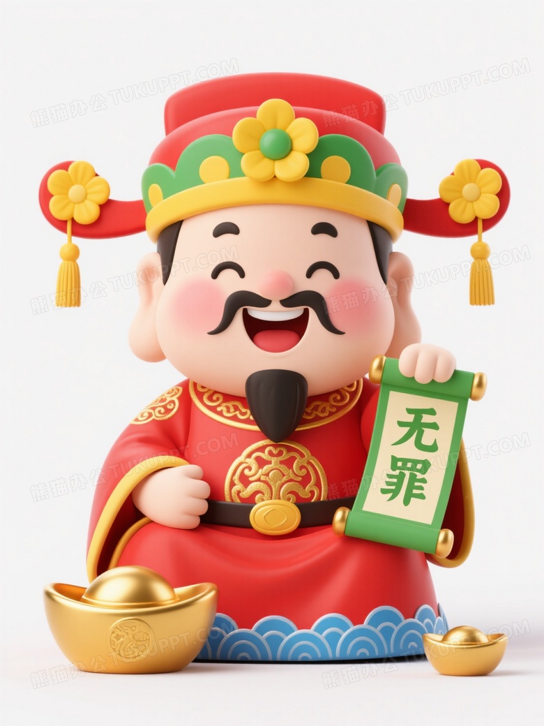 卡通财神爷持卷轴元宝图片