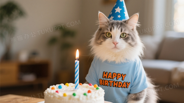 灰白长毛猫戴生日帽持蛋糕图片