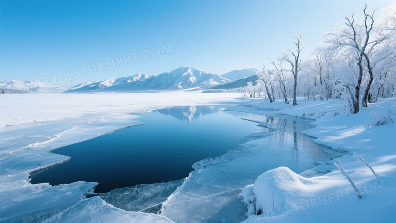 冰封湖面雾凇雪山侧逆光图片