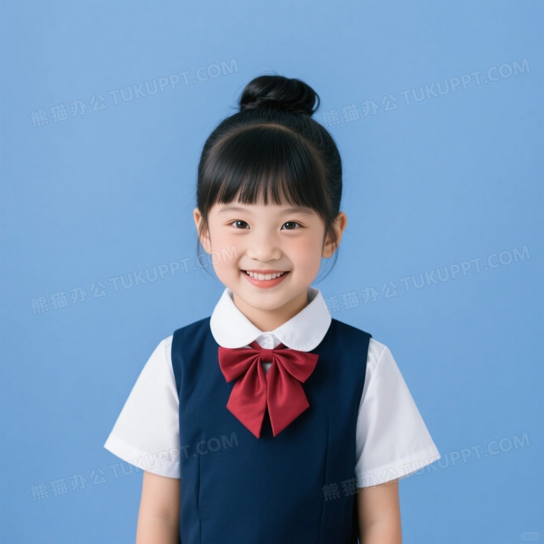亚洲小女孩微笑正脸蓝背景图片