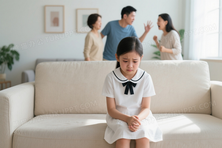 低落女孩坐沙发父母争吵背景图片
