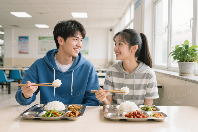 校园食堂男女对视微笑用餐图片
