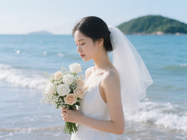 亚洲新娘海边捧花闭目嗅香图片