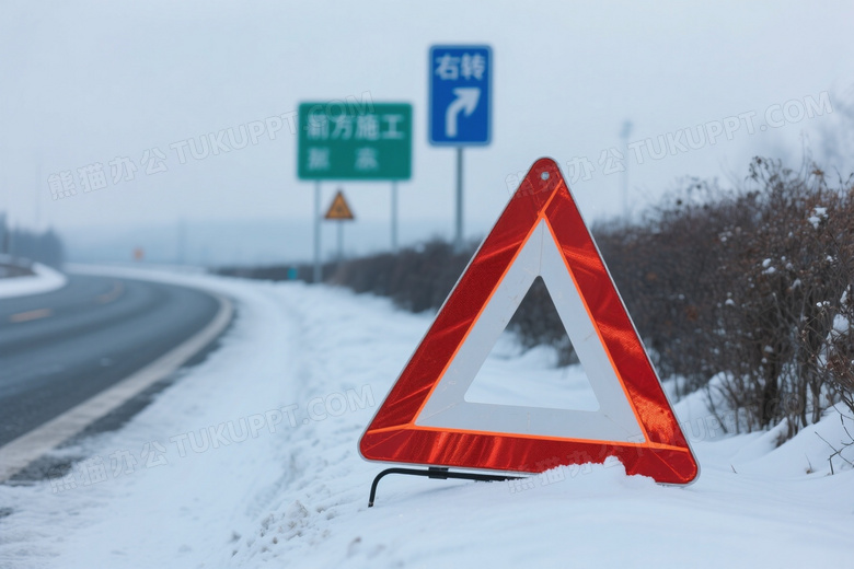 雪地红色警示牌特写图片
