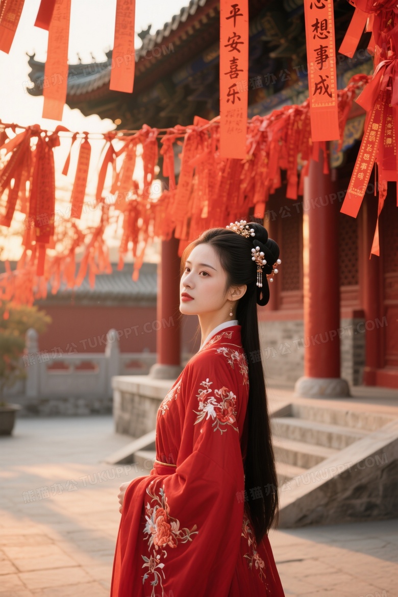 汉服女子古寺庭院回眸逆光图片