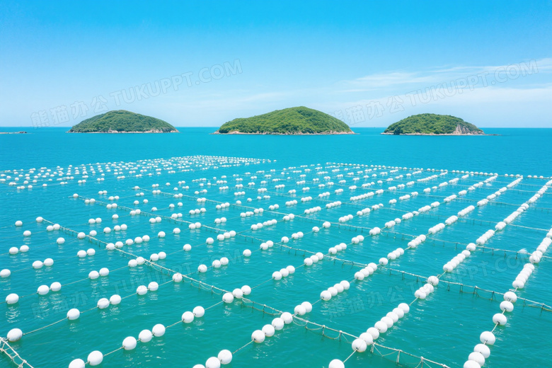 俯拍海面浮球网箱阵列图片