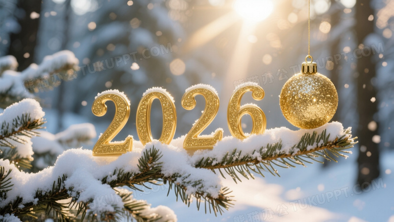 雪松枝头2026数字与金球装饰图片