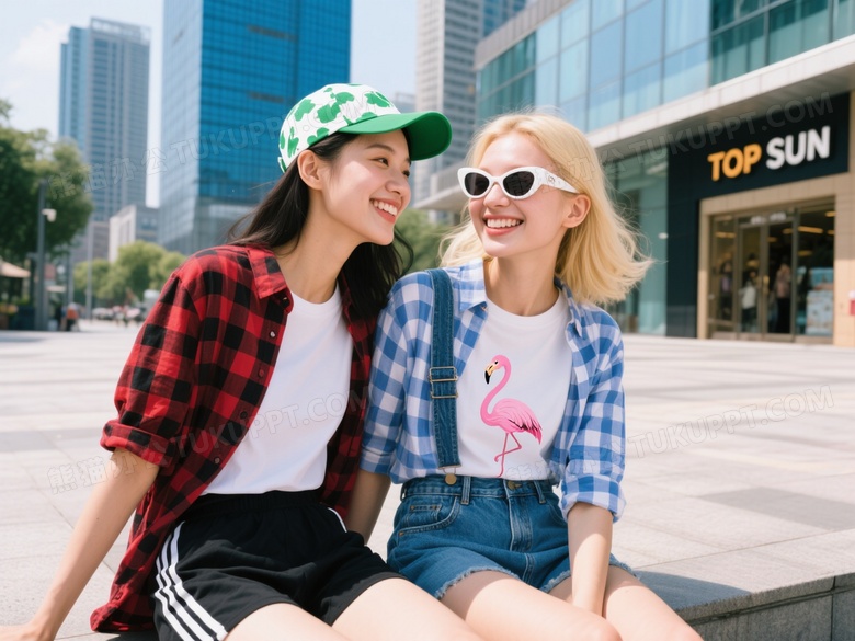 两位年轻女性城市广场微笑合影图片