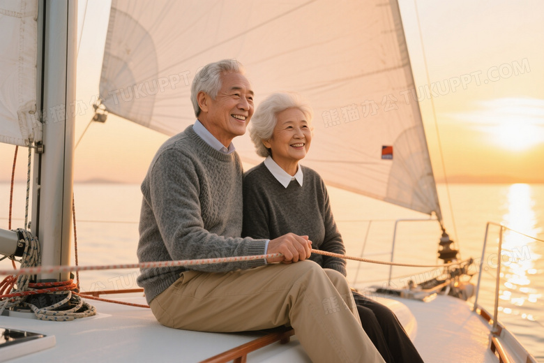 白发夫妇帆船日落微笑图片