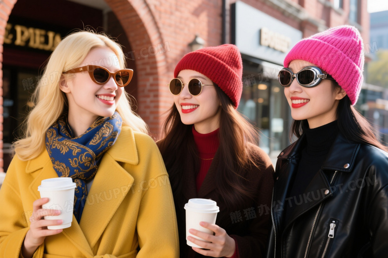 三位女性秋冬时尚街拍图片