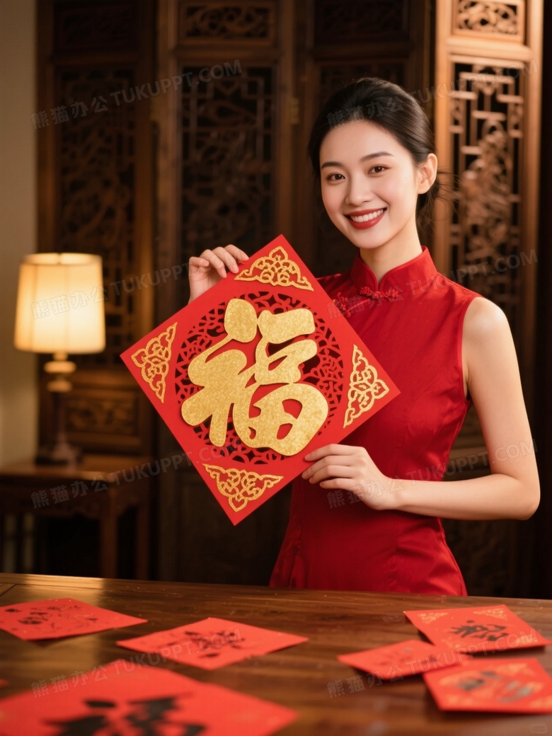 亚洲女性持福字剪纸温馨图片