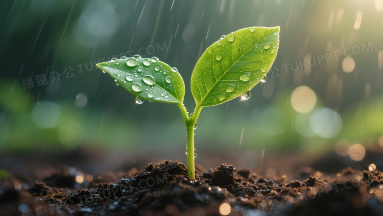 幼苗破土雨滴晶莹侧逆光图片