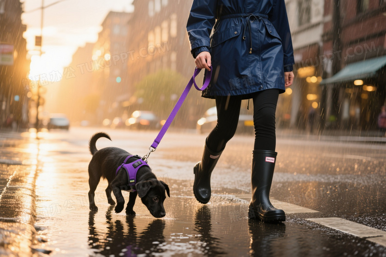 雨中牵犬行走逆光柔焦图片